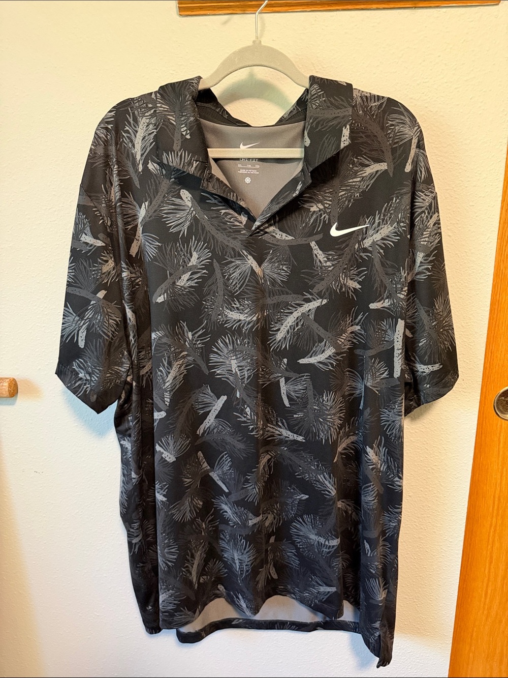 Nike Men’s Dri-fit Black Polo with Gray Leaf Print